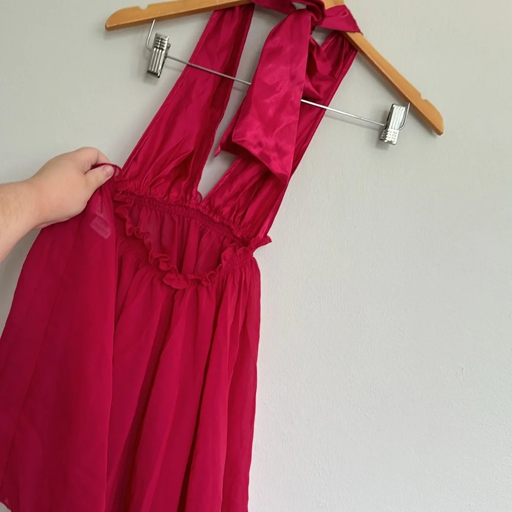 Bundle Halter Backless Pajama Night Dress Sleeveless & Pantie M Red Silky - Picture 2 of 6